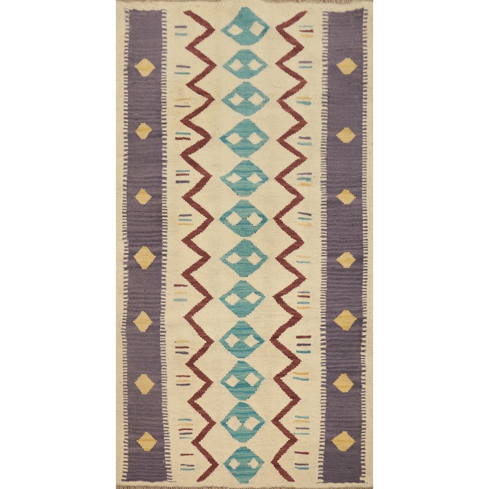 Hand Woven Oriental 100% Wool Carpet Southwestern Tribal Beige & Ivories Kilim Area Rug - 4' 10'' X 2' 10''
