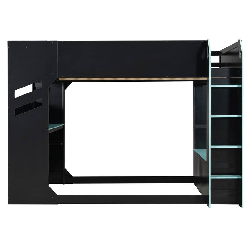 Full Size Gaming Loft Bed with RGB Lights, Wooden High Loft Bed Frame with Adjustable Desk, Hanging Rod and Storage