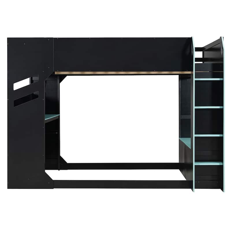 Full Size Loft Bed with Desk and RGB Lights, Wood Storage Bed with Drawers