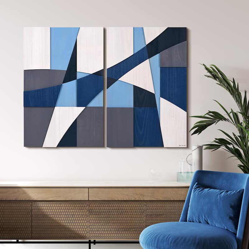 Empire Art Direct Whispers of Blues I & II Hand Made & Hand Finished Solid Wood Abstracts Wall Art Set
