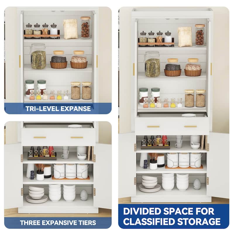 Moasis Farmhouse Freestanding 72'' Kitchen Pantry Storage Cabinet Cupboard with Drawer Adjustable Shelves