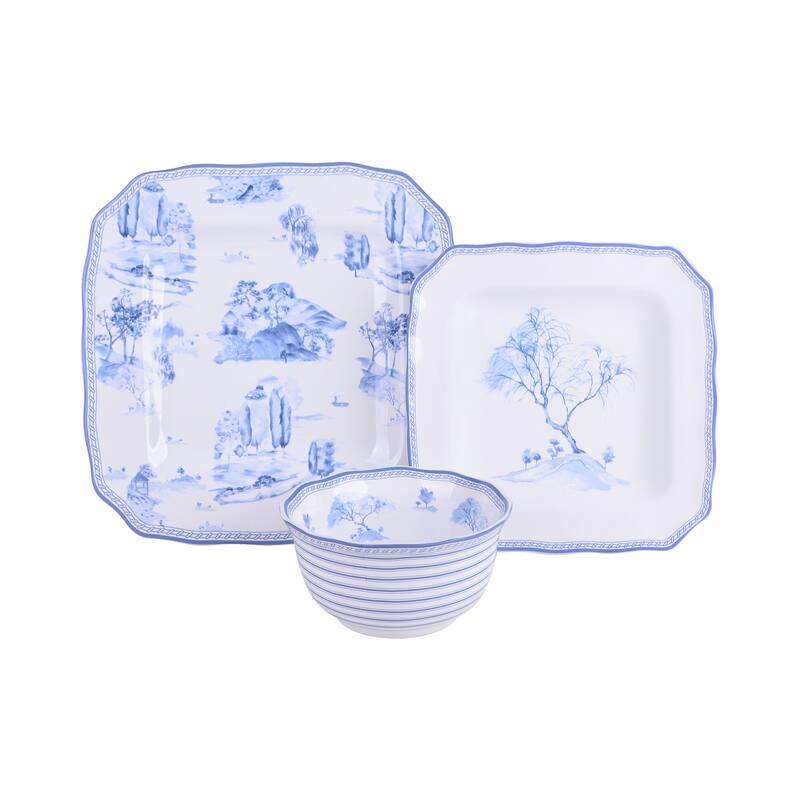 Scenic Toile Blue Porcelain 12 Pc Dinnerware Set