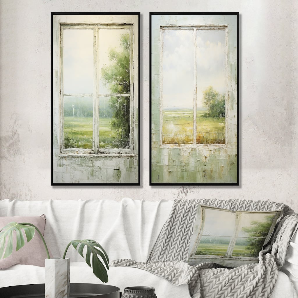 Designart "Countryside Calm Farm Windows II" Farm Windows Framed Art Set Of 2 - Traditional Green Wall Decor 2 Pieces