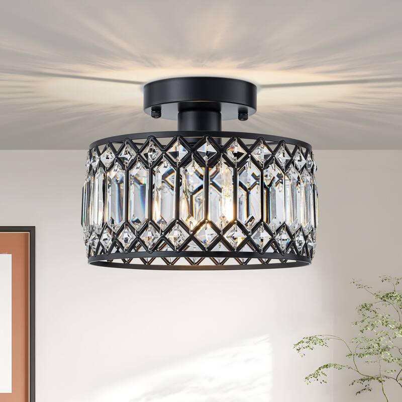 Starsky Luxury Crystal Drum Dimmable Semi Flush Mount Light - 9" - Black