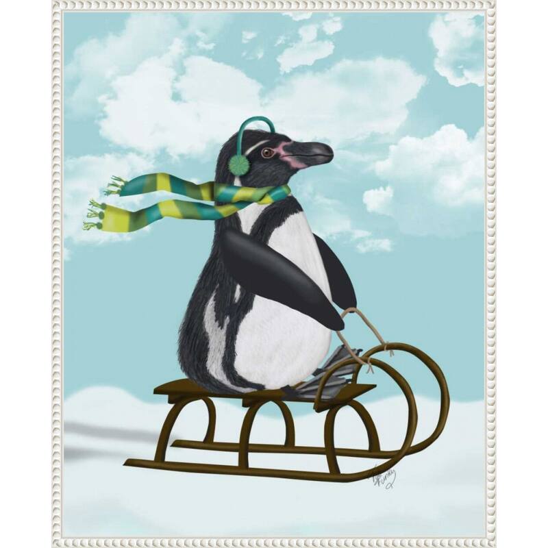 Penguin On Sled by Fab Funky (23 x 28 in.), Framed Canvas Wall Art Print - Sylvie Beaded White