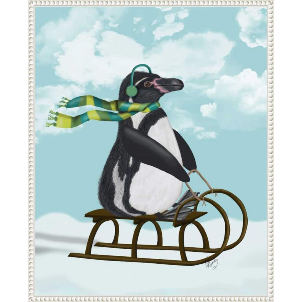 Penguin On Sled by Fab Funky (23 x 28 in.), Framed Canvas Wall Art Print - Sylvie Beaded White