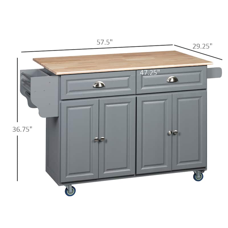 HOMCOM Rolling Kitchen Island on Wheels Utility Cart with Drop-Leaf and Rubber Wood Countertop, Storage Drawers, Dark Grey
