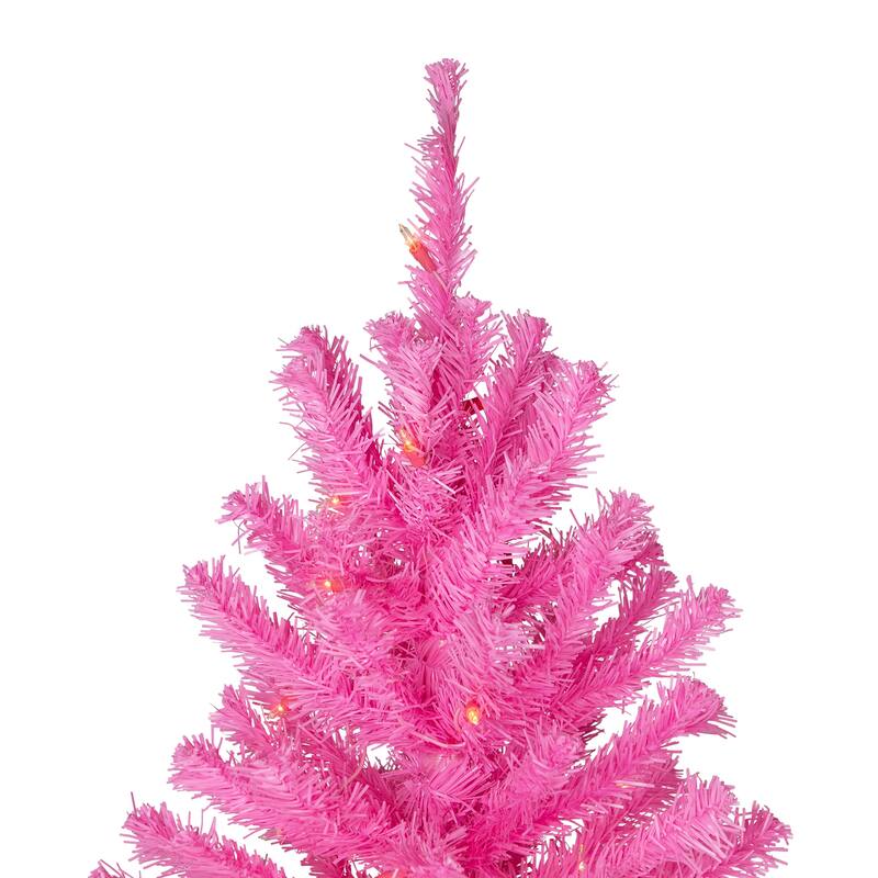Pre-Lit Medium Artificial Pine Christmas Tree - 7' - Pink - Clear Lights - 7 Foot