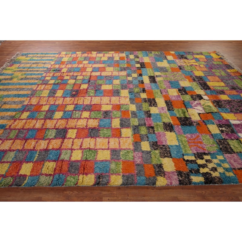 Colorful Checkered Moroccan Plush Area Rug Handmade Wool Carpet - 8'8" x 12'9"