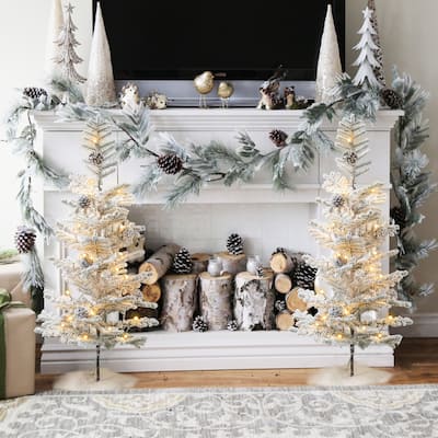 Glitzhome 2ft/3ft Pre-Lit Upward Wrapped Flocked Pine Artificial Christmas Tree With Warm White Lights (Timer Included)