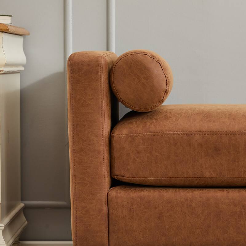 Roomfitters 66.34" Upholstered Bench Daybed with Fluted Wood Legs and 2 Bolster Pillows, Bedroom