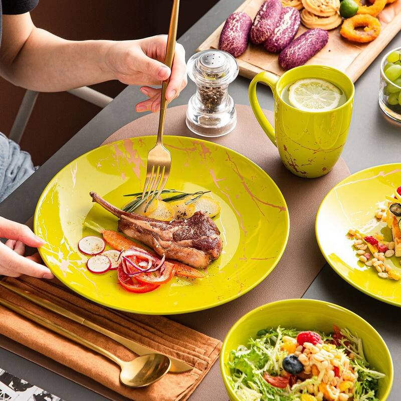 LOVECASA 16-Piece Porcelain Color Glaze with Gold Dinnerware Set