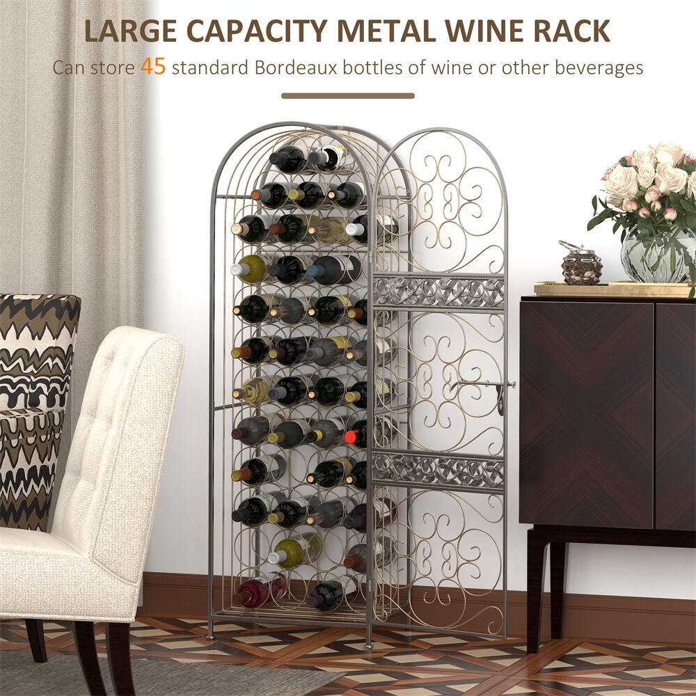 45 Bottle Wrought Iron Wine Rack Jail with Lock Antique Bronze Bed