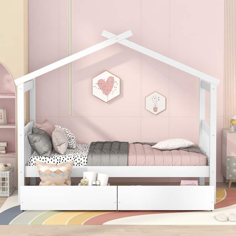 Twin Size Wooden House Bed with Drawers - White