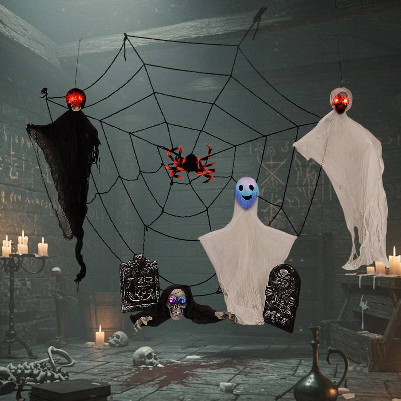 Outdoor Halloween Decorations 8-Piece Set, Hanging Ghosts Decor and Cobweb and Gravestone with Lighted Up Eyes