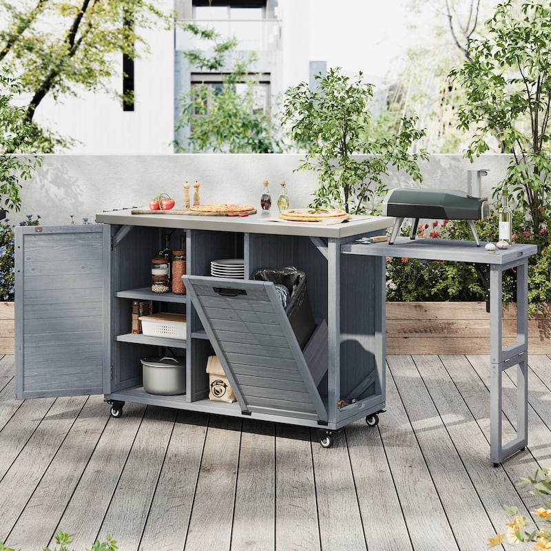 78.3" Outdoor Kitchen Island with Foldable Grill Table, Wooden Cart with Trash Storage & Stainless Steel Top for Lawn & Garden