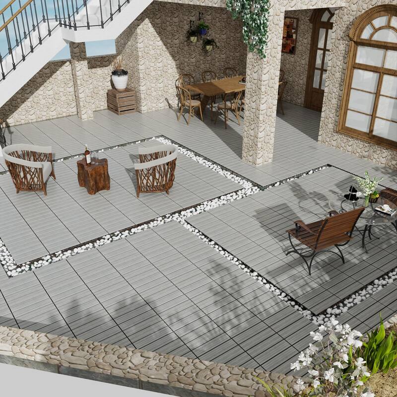 Patio Floor Tiles Pack of 11 WPC Wood-Plastic Composite Patio Deck Tiles DIY Interlocking Decking Tiles, Quick Deck Floor Tile