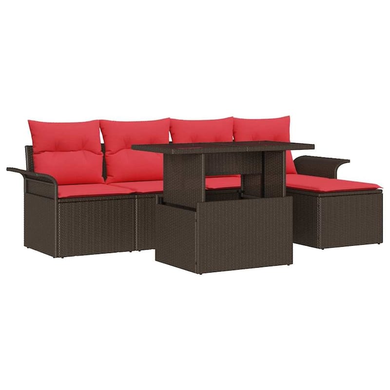 vidaXL 6 Garden Sofa Set with Cushions Black/Brown/Grey Poly Rattan - 98.8 x 46.1 x 27.2