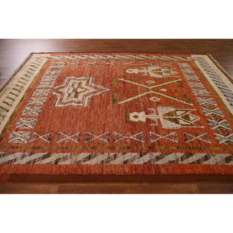 Hand Knotted Oriental 100% Wool Carpet Modern Tribal Oranges & Rust Moroccan Area Rug - 10' 0'' X 7' 1''