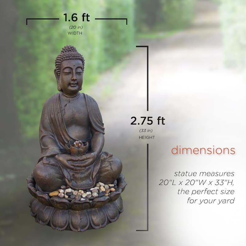 Alpine Corporation GEM122 33" Bronze Outdoor Meditating Buddha Water Fountain with LED Lights