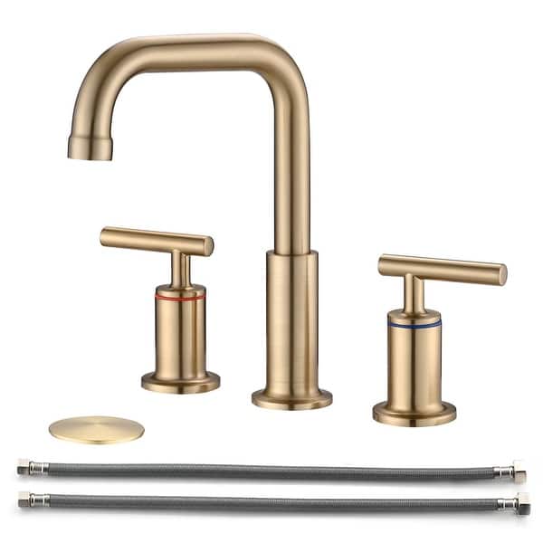 slide 2 of 28, 3 Holes Bathroom Sink Faucet With Drain Assembly 8 Inch Widespread Bathroom Faucets 2 Handle Modern Lavatory Basin Vanity Taps Brushed Gold