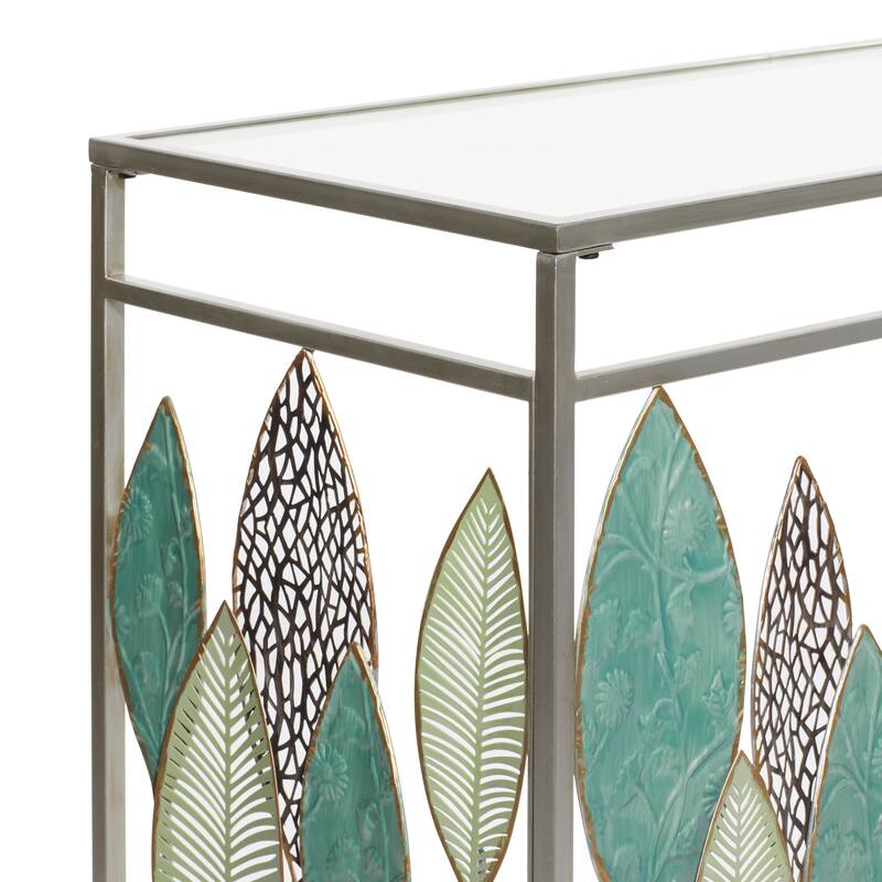 Metal Leaf Rectangular Console Table with Mirrored Glass Top and Gold Accents - Silver, Black or Gold - Roche River Decor