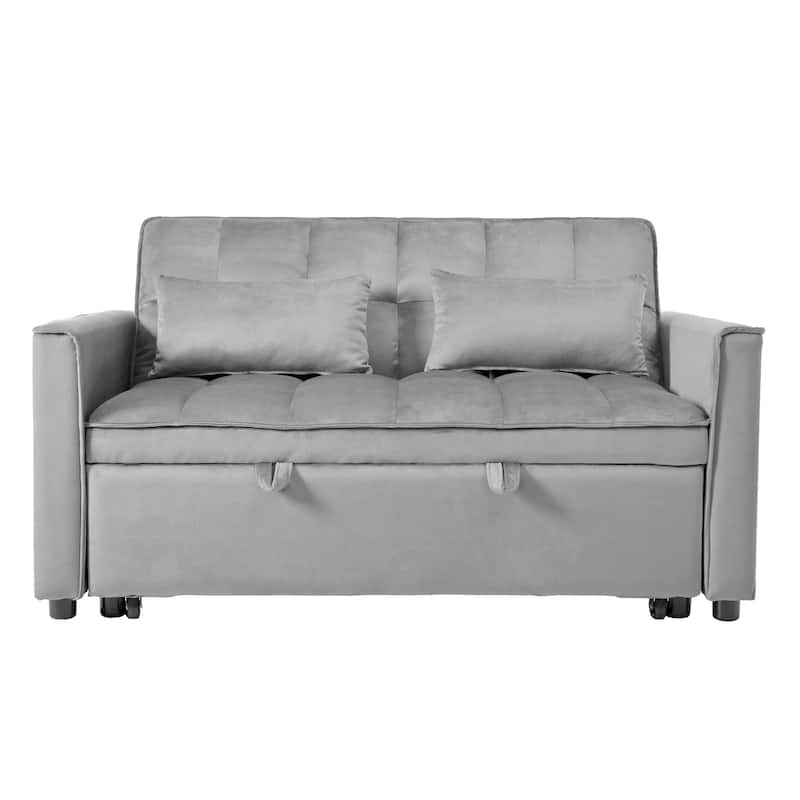 Futon 3 in 1 Convertible Sleeper Sofa Bed, Velvet Loveseat with Adjustable Back, Lounge Sofa with Pockets and Toss Pillows