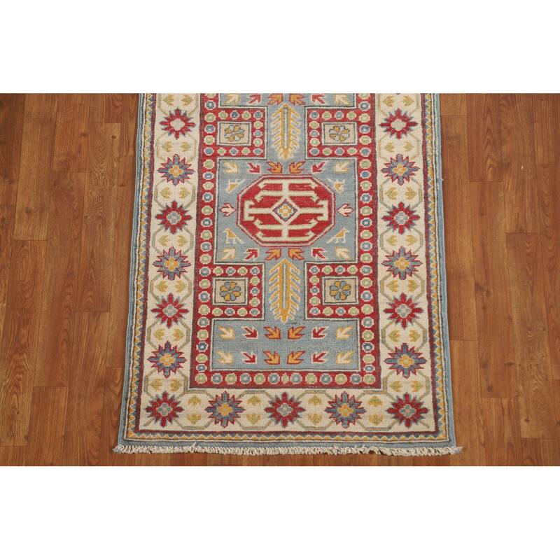 Light Blue Kazak Runner Rug Handmade Traditional Wool Carpet - 2'6" x 13'1"