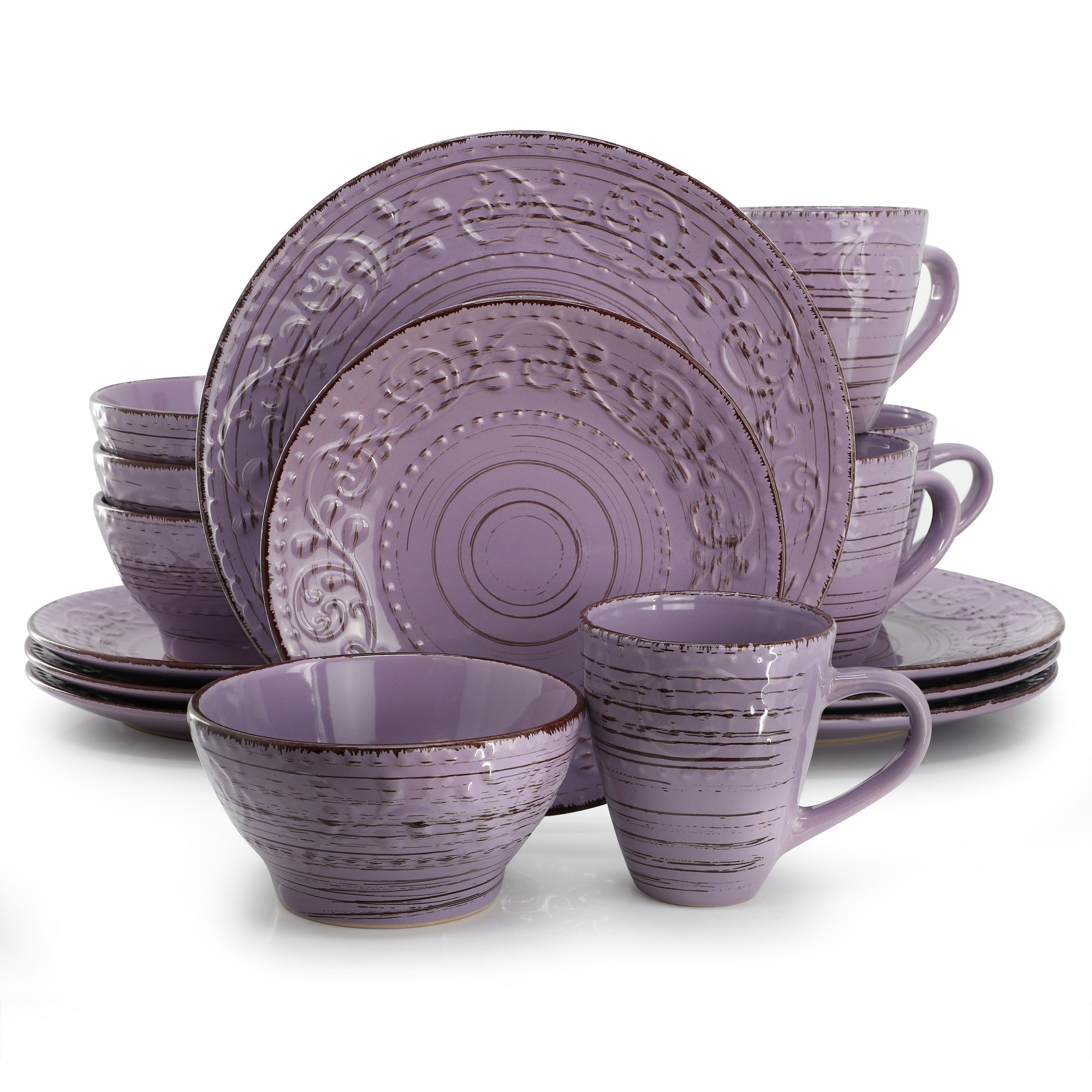Elama Malibu Mica 16-Piece Stoneware Dinnerware Set in Purple