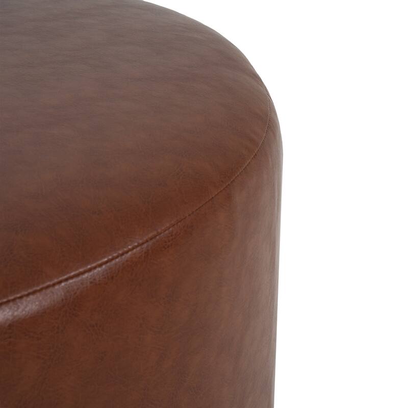 PU Leather Round Ottoman - Classic Brown Upholstered Accent Furniture