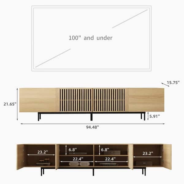 dimension image slide 2 of 4, Stylish mid-century modern TV stand for up to 80" TVs. Ample storage for media devices, cable management. easy assembly.