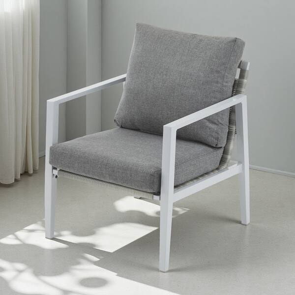 slide 2 of 15, 34"H Aluminum Lounge Chair with Sleek Rope Accents and Comfortable Cushions, Perfect for Modern Outdoor and Indoor Spaces Gray,Silver+White