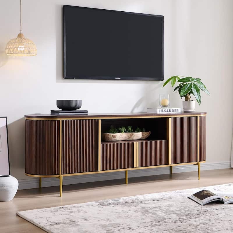 Modern Luxury TV Stand, Entertainment Cente, with Faux Marble Top - Dark Walnut