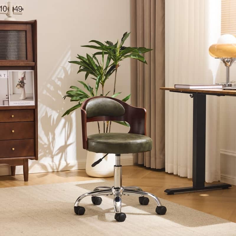 Ring-Shaped Wooden Back Office Chair With Foot Spikes And Wheels - Olive Green