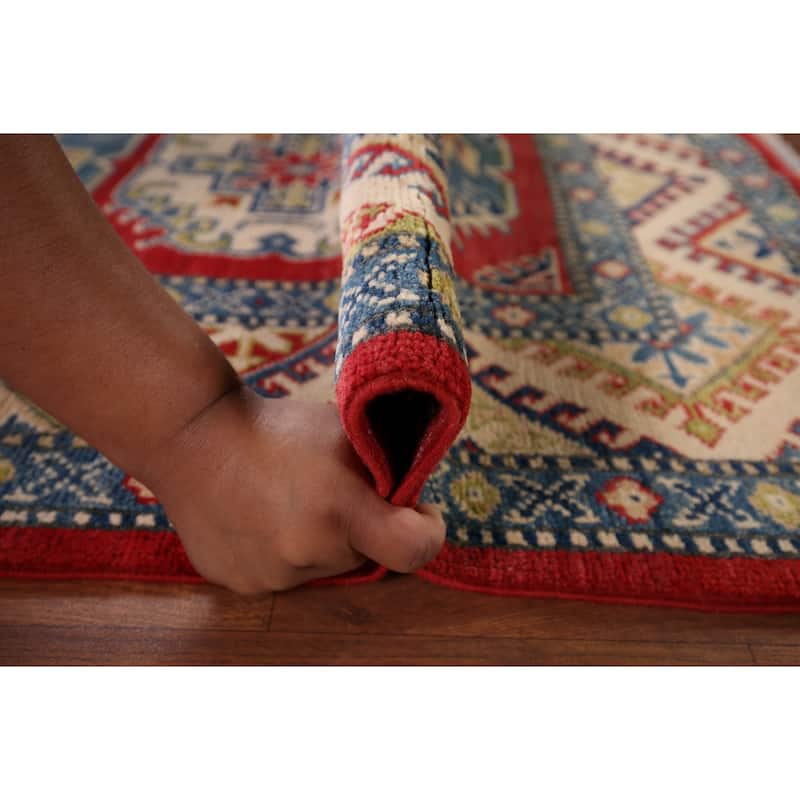 Geometric Kazak Accent Rug Hand-Knotted Red Wool Carpet - 3'3" x 4'9"