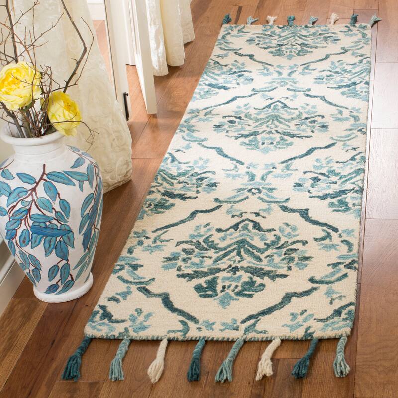 SAFAVIEH Handmade Suzani Evisa Boho Tribal Wool Rug - 2'3" x 8' Runner - Ivory/Turquoise