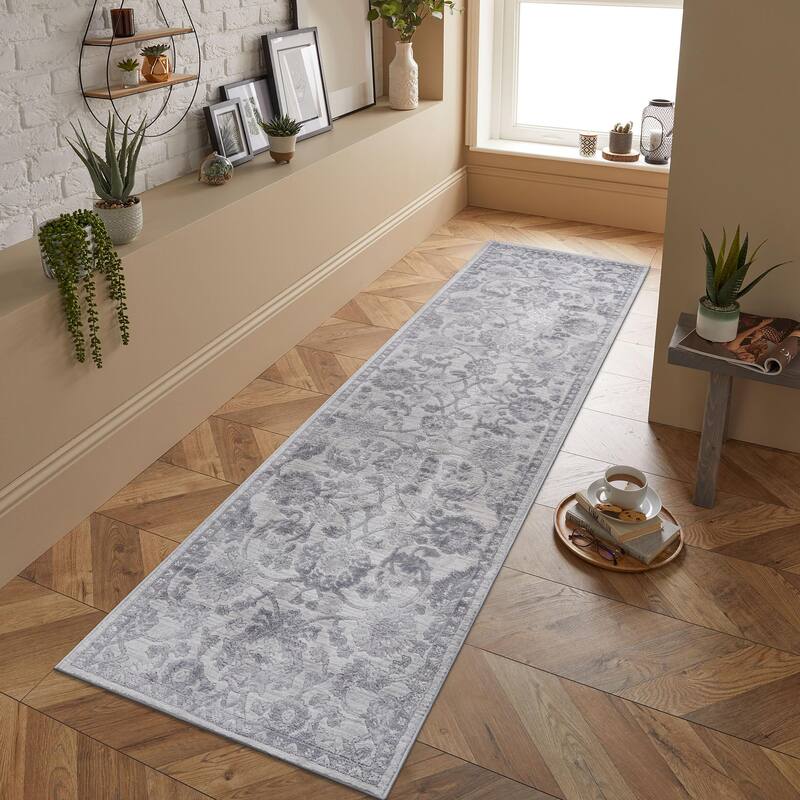 LOOM & LUXE Collection 2X8 Grey/Silver/Oriental Non-Shedding Area Rug - 96" D x 26" W x 0.35" H
