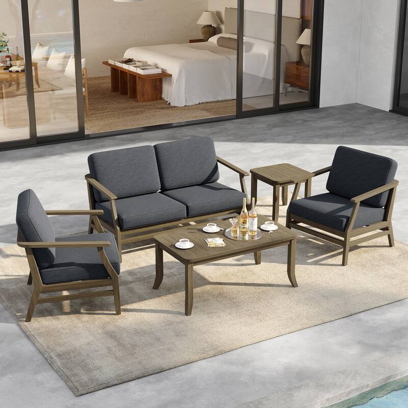 5-Piece Outdoor Teak Wood Patio Conversation Set with Cushions