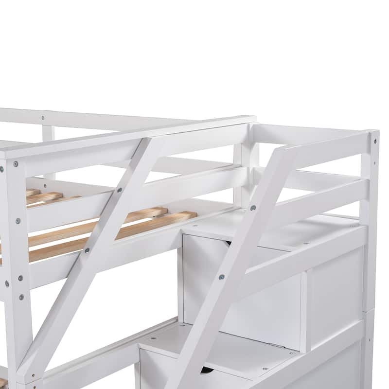 Kids Twin Ove Twin Bunk Bed with Pull-Out Trundle and 3 Storage Stairs, Safety Guardrails and Armrest