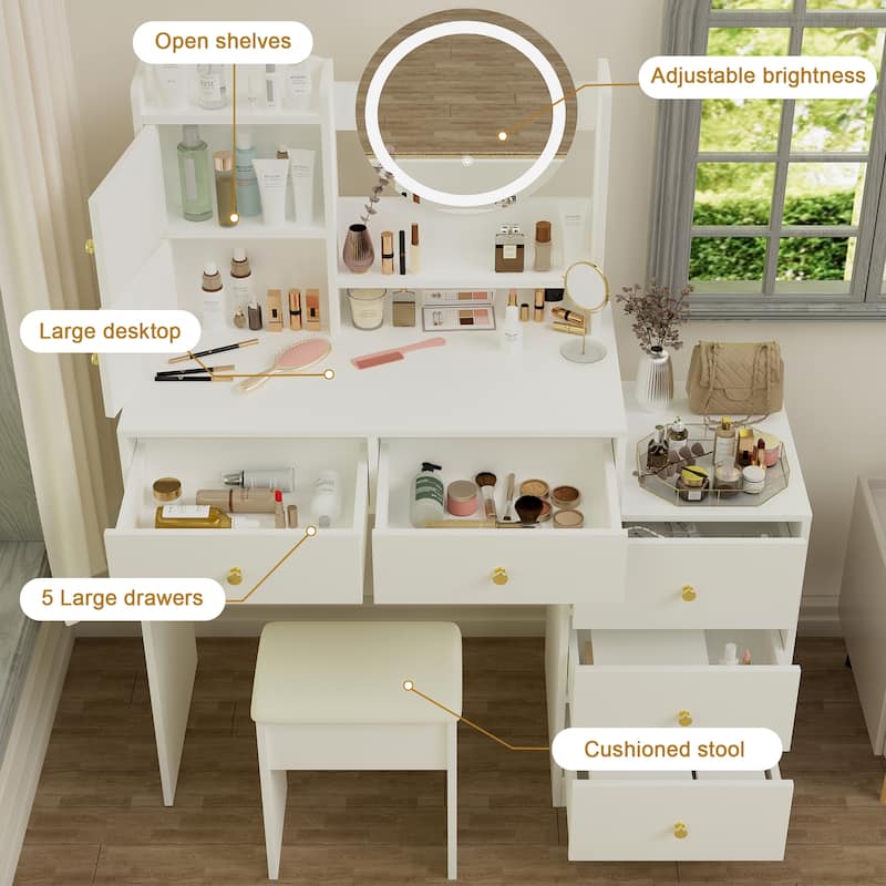 White Makeup Vanity Desk Set with LED Makeup Vanity Round Mirror & 3 Color Options, Dressing Table & Stool Set