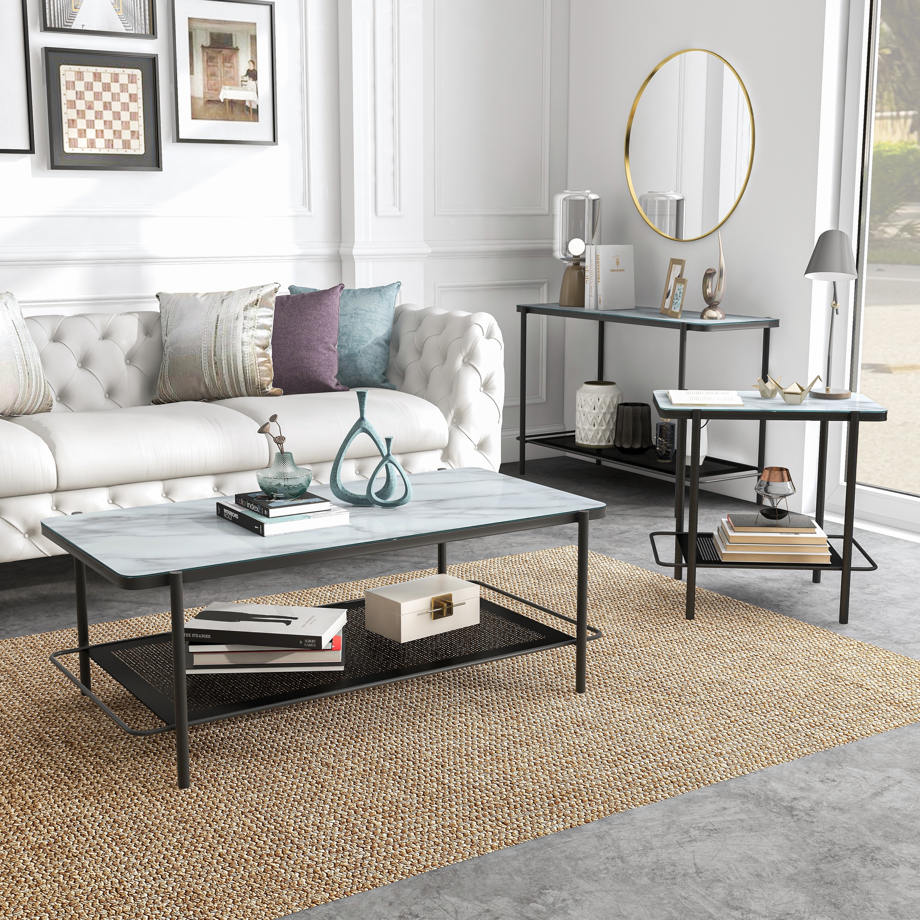 Furniture of America Puetz Contemporary White Glass Top 3-Piece Coffee Table Set
