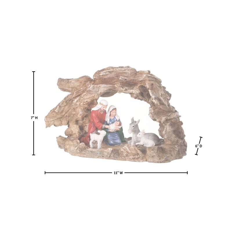 11" Resin Holy Family And Animals With Rock Cresh
