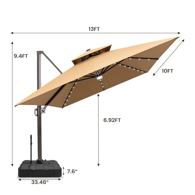 10 X 13 FT Outdoor Patio Cantilever Umbrella with Solar Lights Rod Wheel Base Double Canopy 360 Rotation Tilt