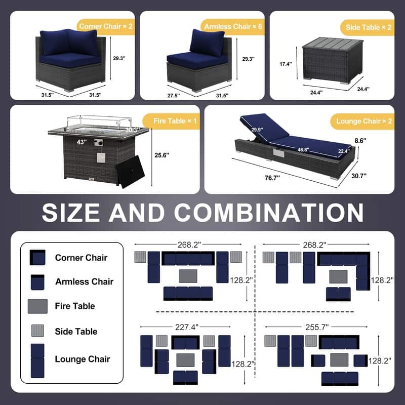 FINCATI 13 Pcs Patio Outdoor Wicker Furniture Sectional Sofa Set with Lounge Chair