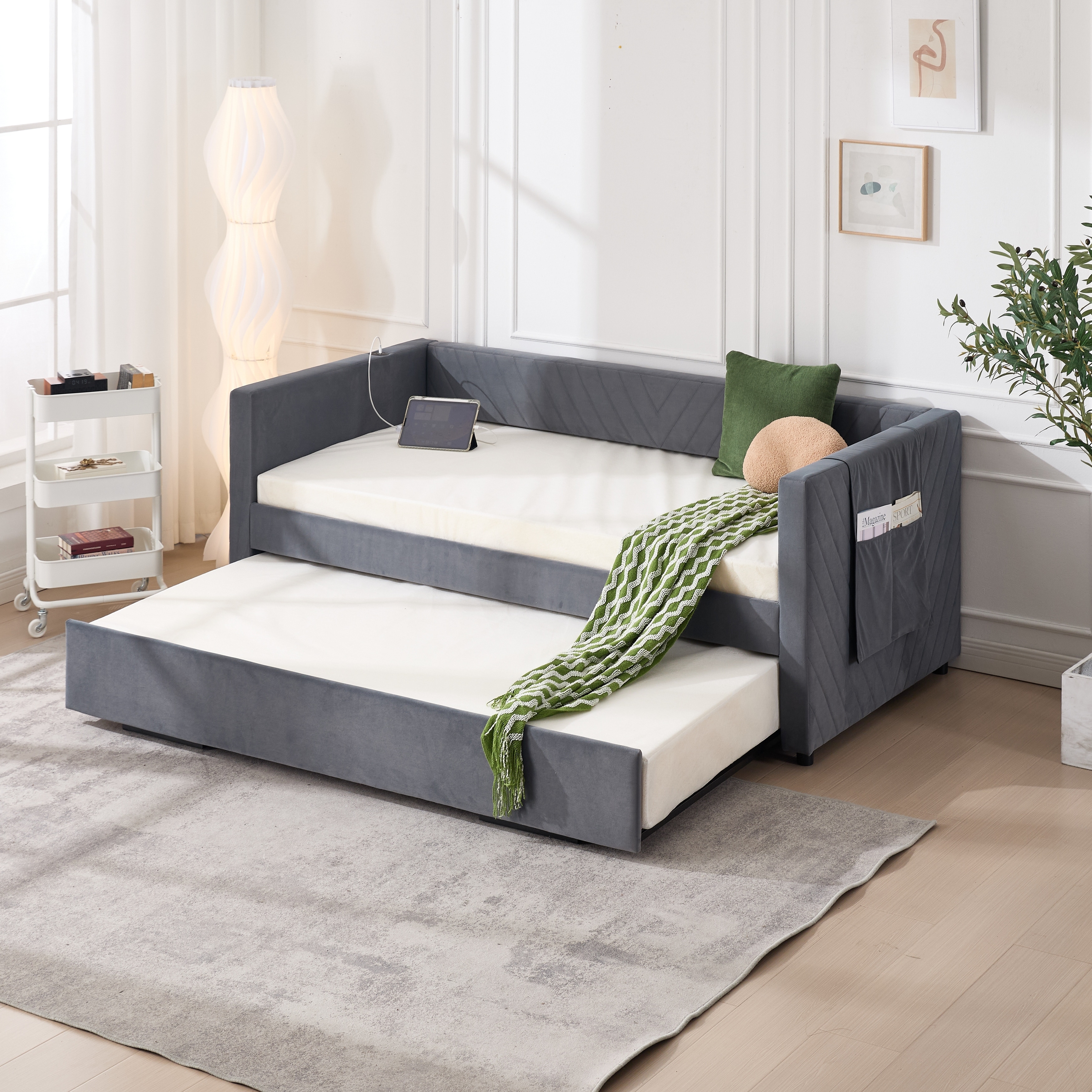 Twin Size Upholstered Daybed with Trundle & Side Pockets