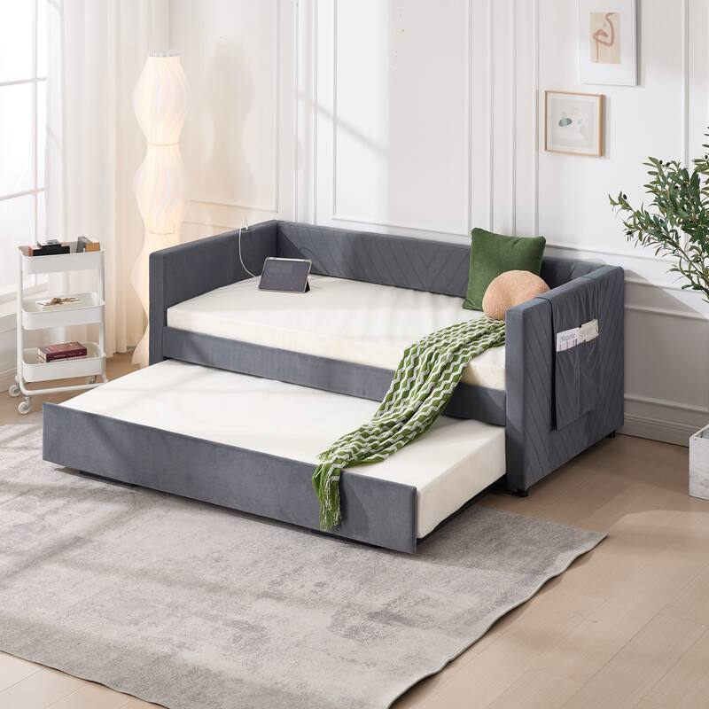 Twin Size Velvet Daybed with Trundle, USB Charging Port & Side Pockets, Modern Upholstered Sofa Bed with V-Pattern Backrest - Grey