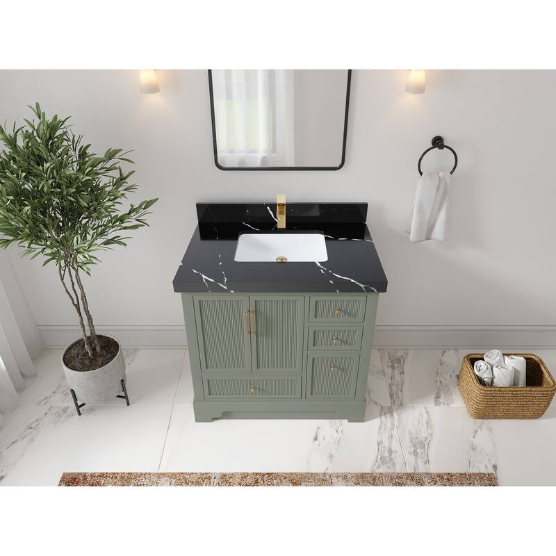 Willow Collections 36 in. W x 22 in. D Alys Center Sink Left Bathroom Vanity with Countertop - 2"Calacatta Black - Evergreen