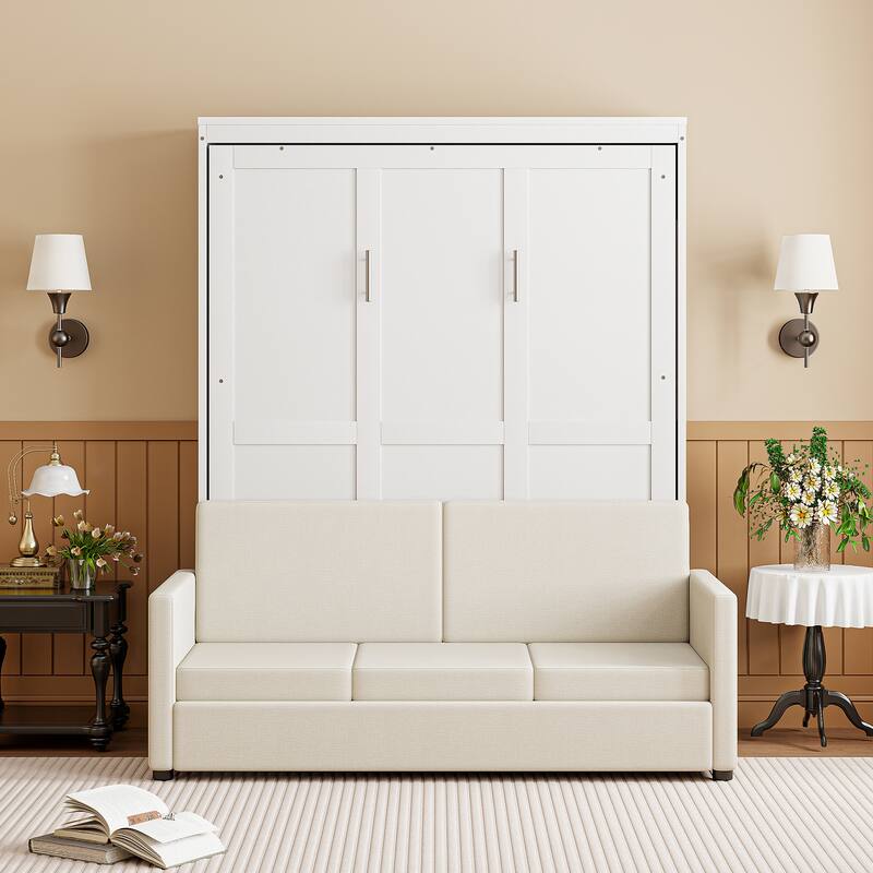 Full Murphy Bed with Sofa, Space-Saving Wall Bed, Hidden Storage, Pull-Down System, and Stylish Modern Design