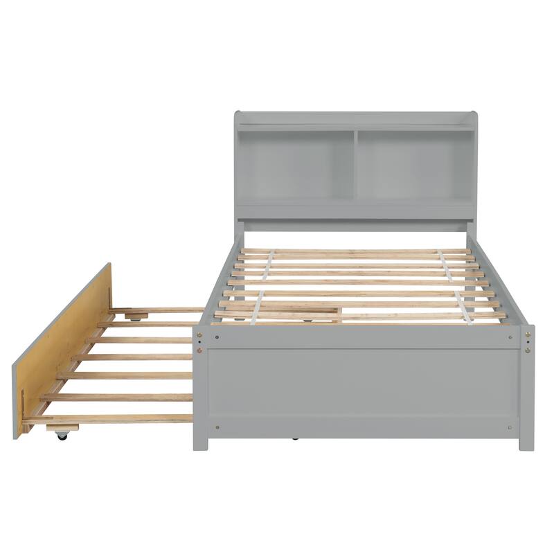 Twin/Full Bed with Trundle and Bookcase Headboard, Wood Storage Bed Frame with Shelves, No Box Spring