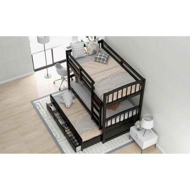 Contemporary Casual Style Twin over Twin Wood Bunk Bed with Trundle and Drawers, with High-quality Solid Wood for Bedroom
